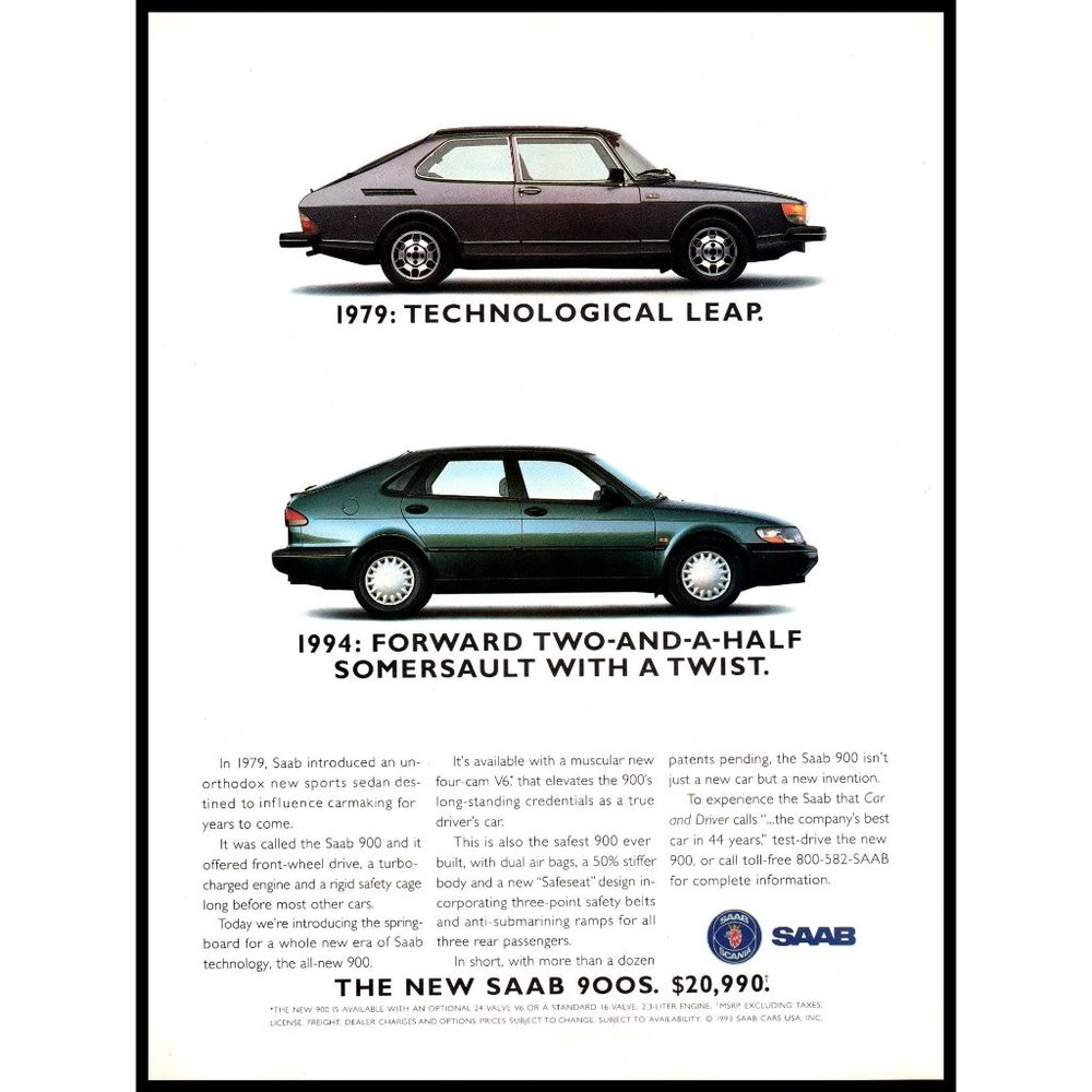 1994 Saab 900S Sports Sedan Vintage Print Ad 1979 Saab 900 Coupe Wall Art Photo